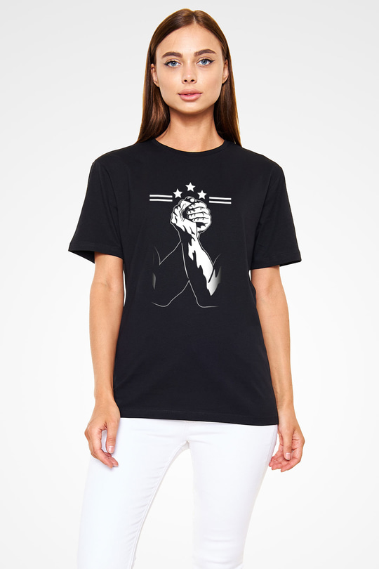 Bilek Güreşi - Arm Wrestling Baskılı Unisex Siyah Tişört - Tshirt