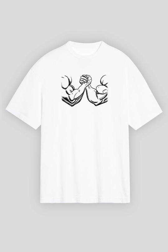 Bilek Güreşi Baskılı Unisex Beyaz Oversize Tişört - Tshirt