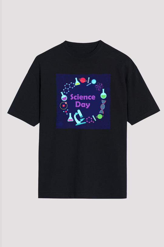 Bilim Atom Gezegen Dna Baskılı Unisex Siyah Oversize Tişört