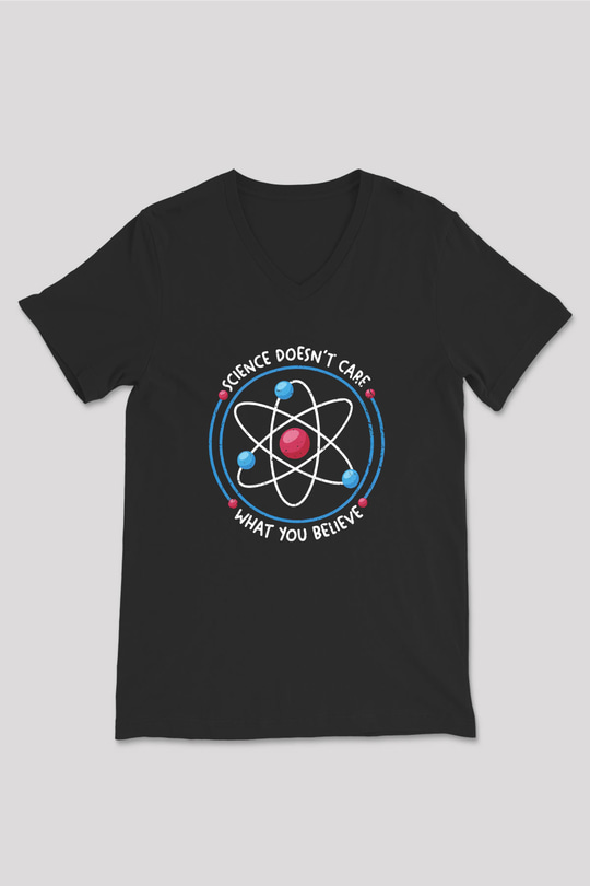 Bilim Atom Yazılı Baskılı Unisex V Yaka Siyah Tİşört - Tshirt