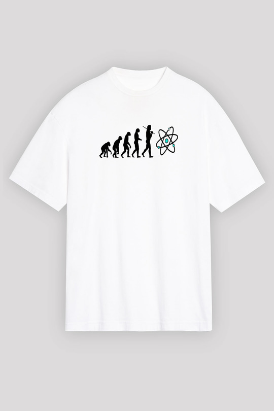 Bilim Evrim Atom Baskılı Unisex Oversize Beyaz Tişört - Tshirt