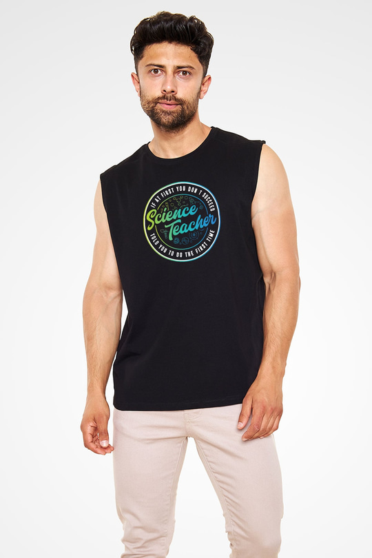 Bilim Öğretmeni Baskılı Unisex Kolsuz Siyah Tişört - Tshirt
