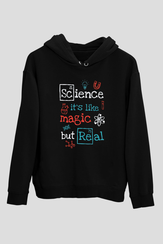 Bilim Sihir Baskılı Unisex Siyah Hoodie