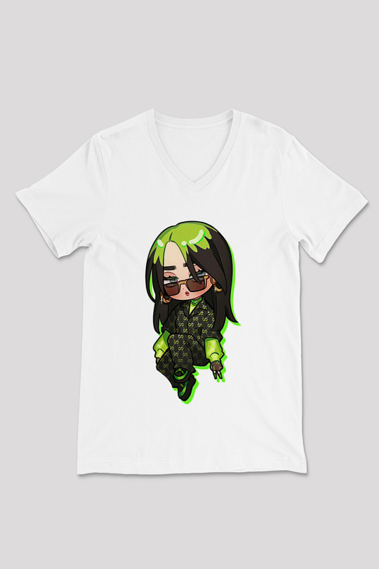 Billie Eilish Baskılı Beyaz Unisex V Yaka Tişört - Tshirt