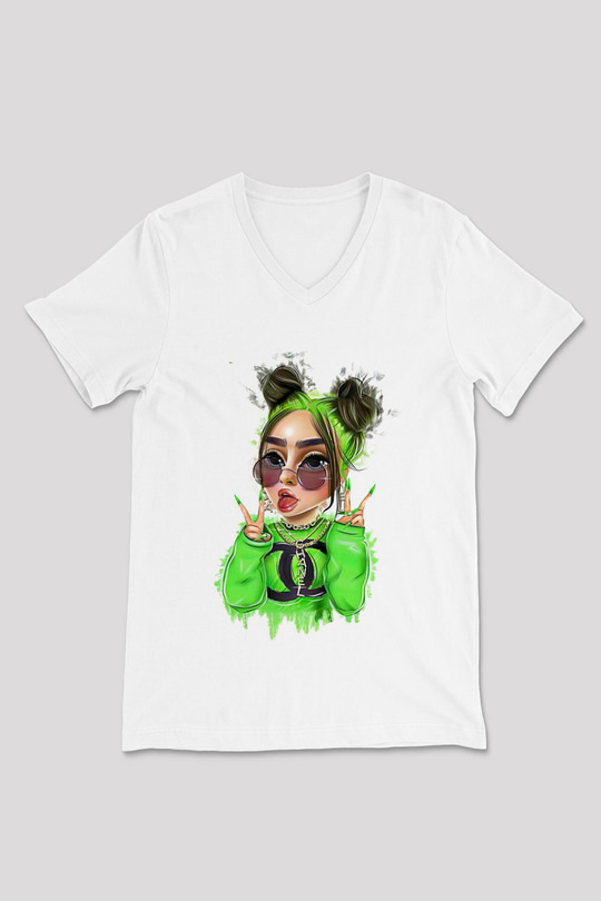 Billie Eilish Baskılı Beyaz Unisex V Yaka Tişört - Tshirt