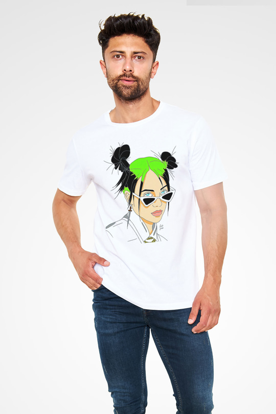 Billie Eilish Baskılı Unisex Beyaz Tişört - Tshirt
