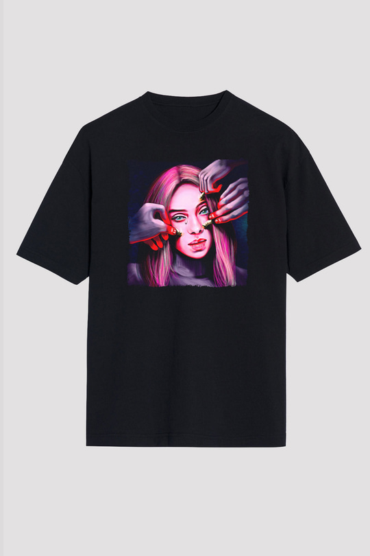 Billie Eilish Baskılı Unisex Siyah Oversize Tişört - Tshirt