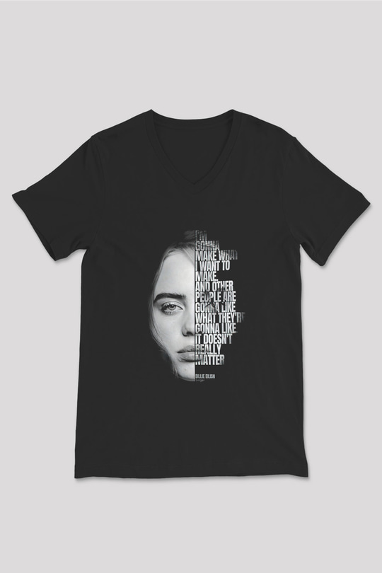 Billie Eilish Baskılı Unisex Siyah V Yaka Tişört - Tshirt