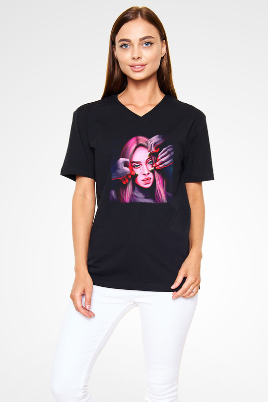 Billie Eilish Baskılı Unisex Siyah V Yaka Tişört - Tshirt