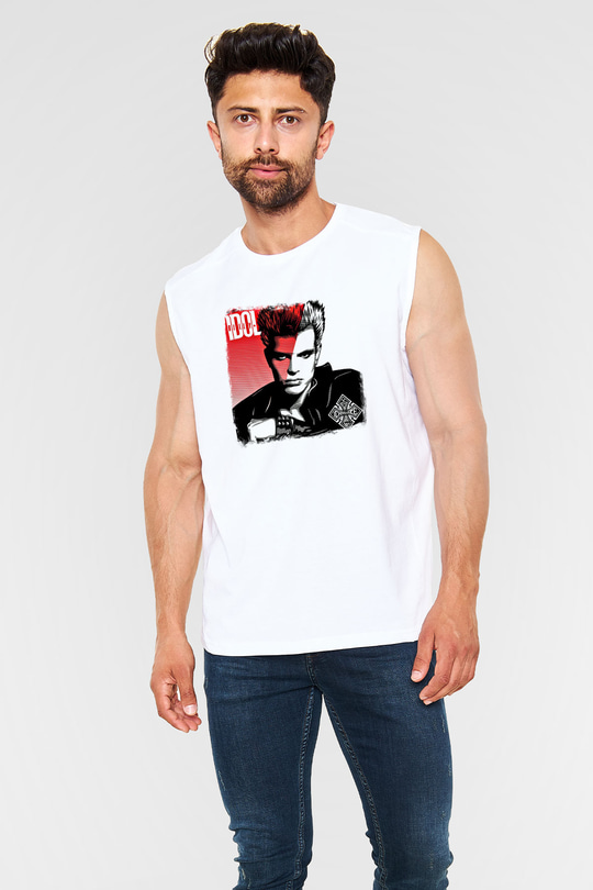 Billy Idol Baskılı Unisex Beyaz Kolsuz Tişört