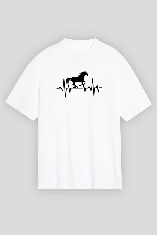 Binicilik Baskılı Unisex Beyaz Oversize Tişört - Tshirt