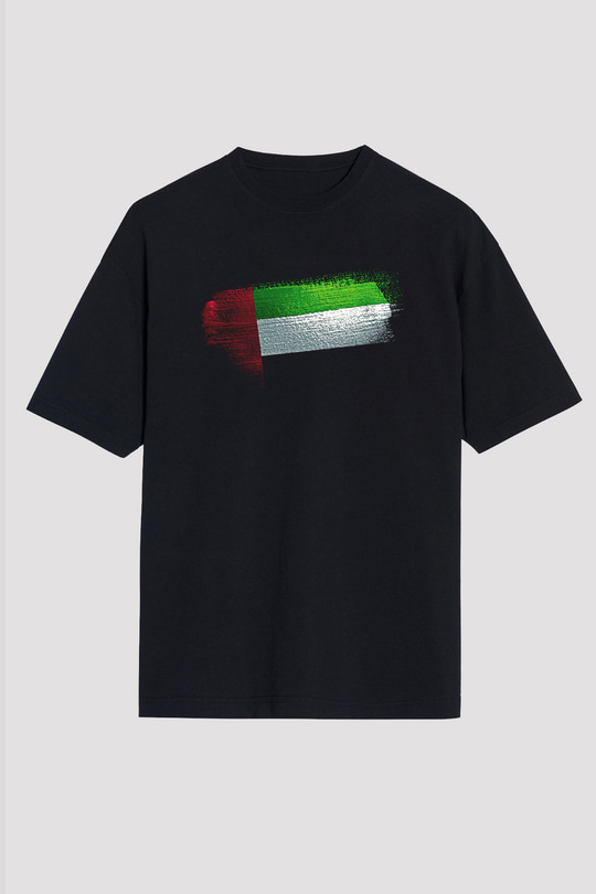 Birleşik Arap Emirlikleri - United Arab Emirates Bayrağı Baskılı Unisex Siyah Oversize Tişört