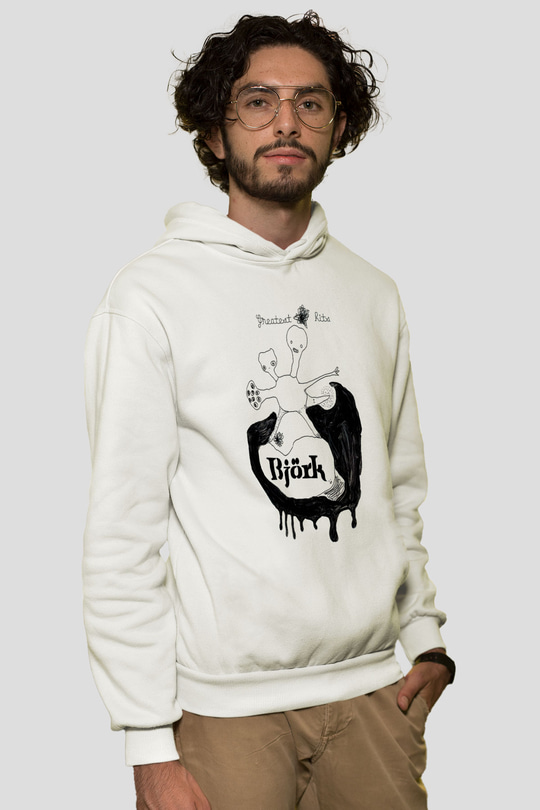 Björk Baskılı Beyaz Unisex Hoodie