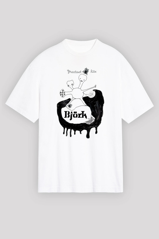 Björk Baskılı Beyaz Unisex Oversize Tişört - Tshirt