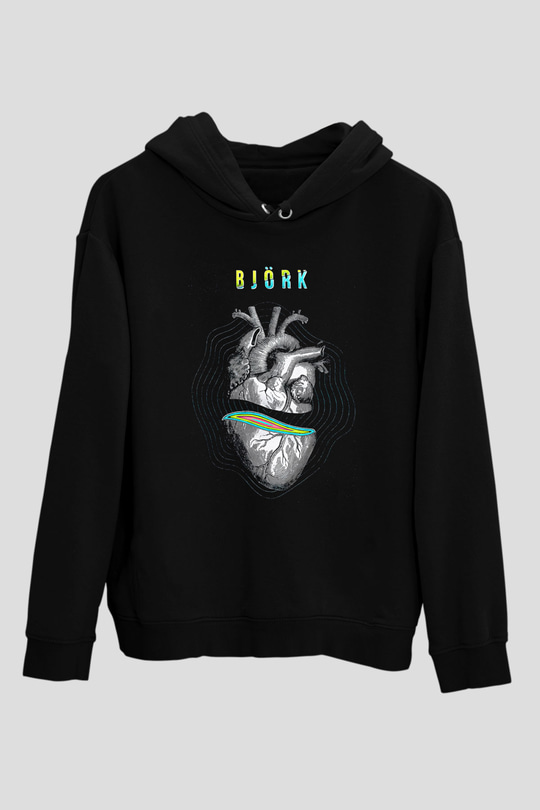Björk Baskılı Unisex Siyah Hoodie