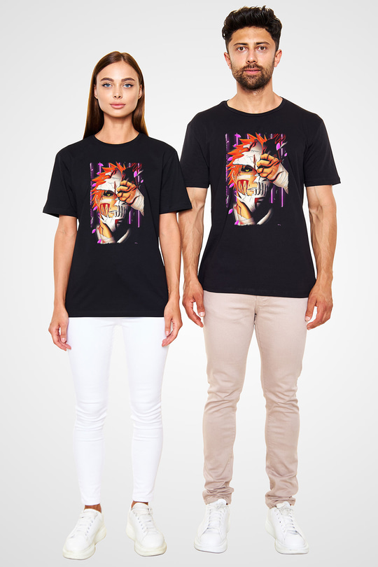 Bleach Baskılı Unisex Siyah Tişört - Tshirt