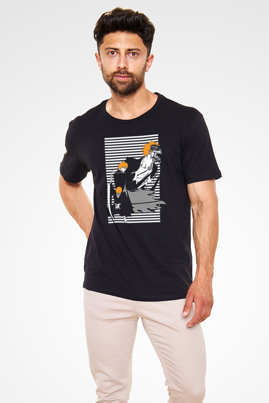 Bleach Baskılı Unisex Siyah Tişört - Tshirt