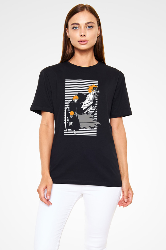 Bleach Baskılı Unisex Siyah Tişört - Tshirt