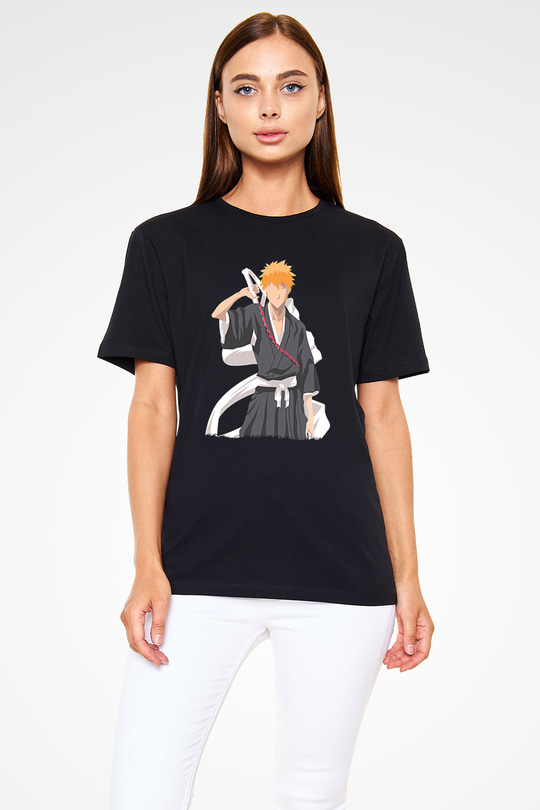 Bleach Baskılı Unisex Siyah Tişört - Tshirt