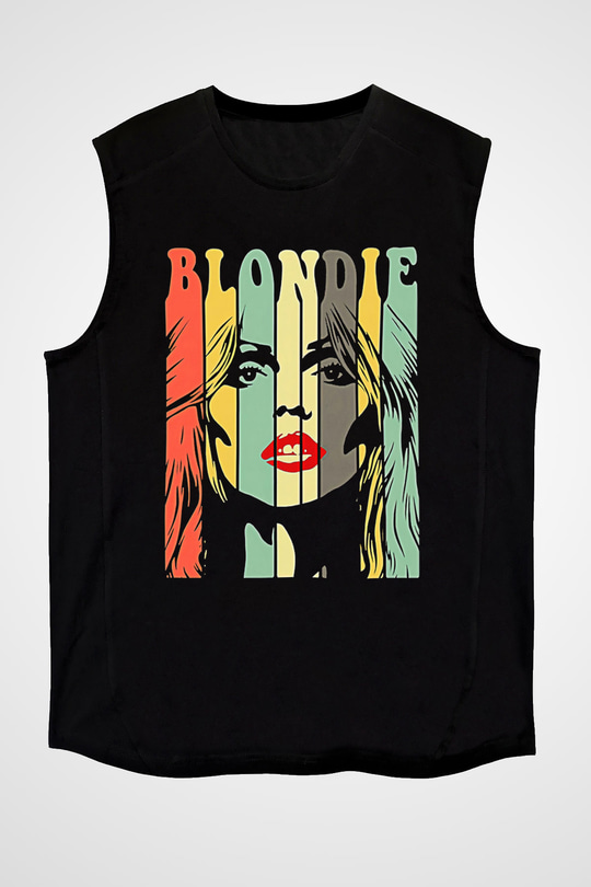 Blondie - Debbie Harry Baskılı Unisex Siyah Kolsuz Tişört - Tshirt