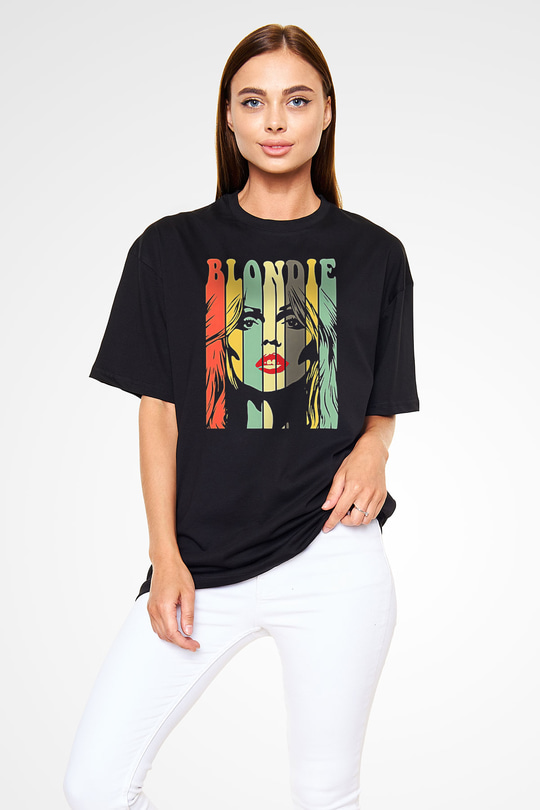 Blondie - Debbie Harry Baskılı Unisex Siyah Oversize Tişört - Tshirt