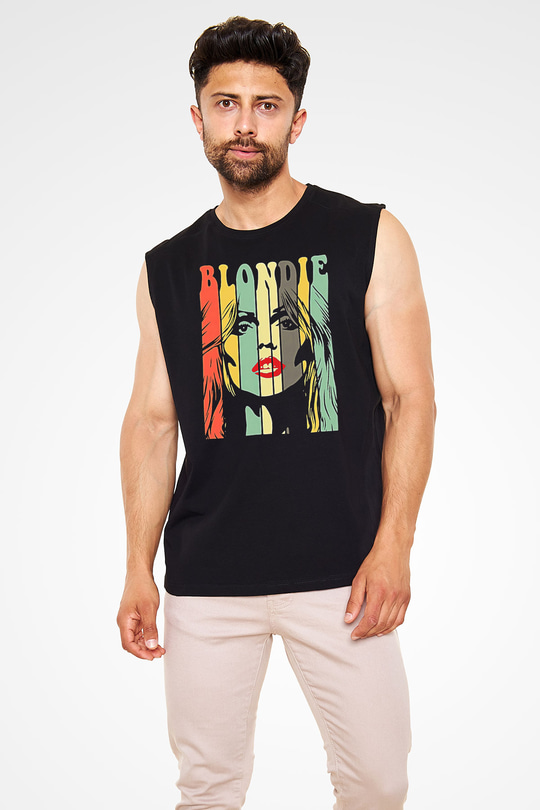 Blondie - Debbie Harry Baskılı Unisex Siyah Kolsuz Tişört - Tshirt