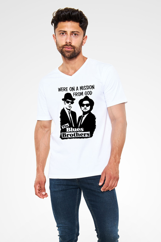Blue Brothers Beyaz Unisex V Yaka Tişört