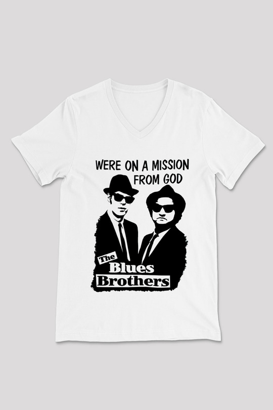 Blue Brothers Beyaz Unisex V Yaka Tişört