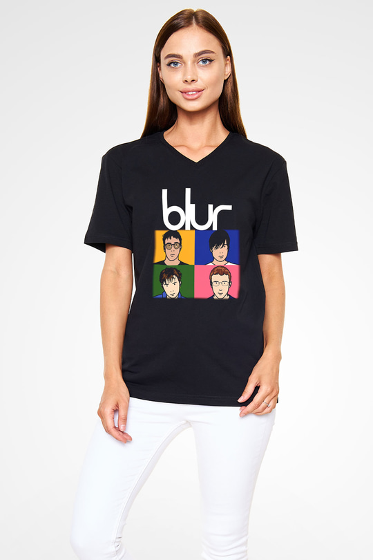 Blur Siyah Unisex V Yaka Tişört T-Shirt
