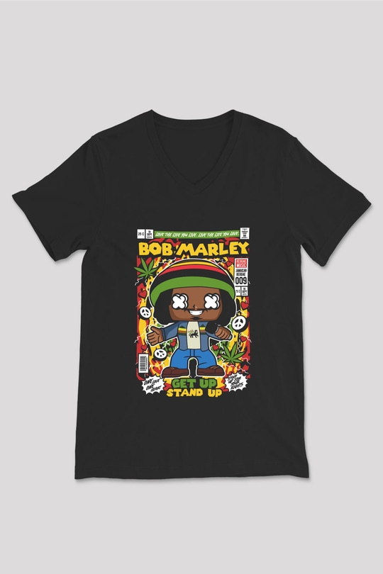 Bob Marley Baskılı Unisex Siyah V Yaka Tişört