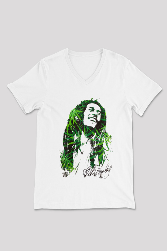 Bob Marley Beyaz Unisex V Yaka Tişört T-Shirt