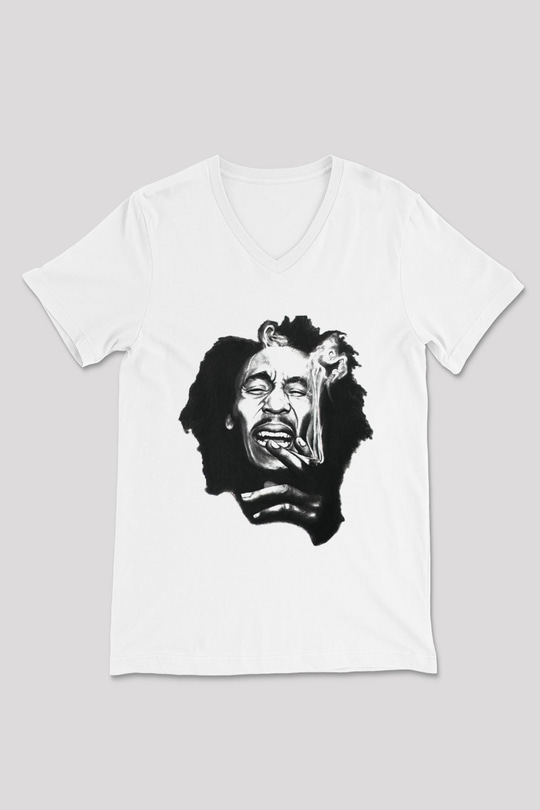Bob Marley Beyaz Unisex V Yaka Tişört T-Shirt