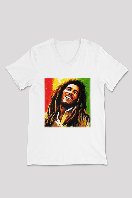 Bob Marley Beyaz Unisex V Yaka Tişört T-Shirt
