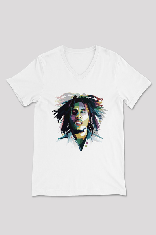 Bob Marley Beyaz Unisex V Yaka Tişört