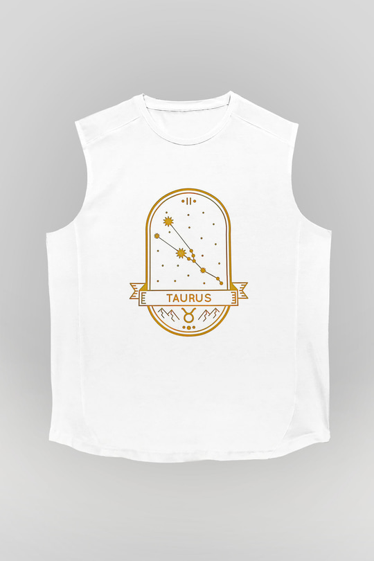 Boğa Burcu Baskılı Beyaz Unisex Kolsuz Tişört - Tshirt