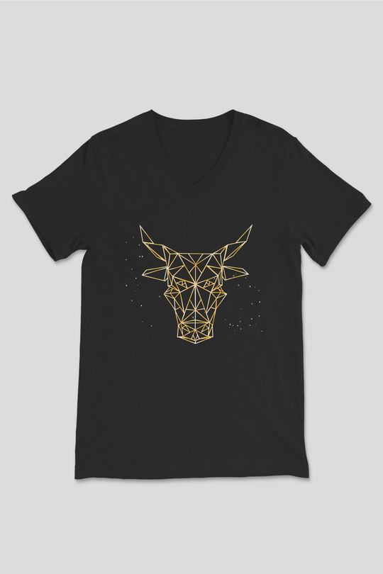 Boğa Burcu Baskılı Unisex Siyah V Yaka Tişört - Tshirt