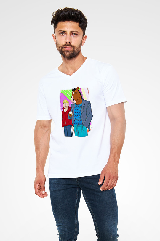Bojack Horseman Baskılı Beyaz Unisex V Yaka Tişört - Tshirt