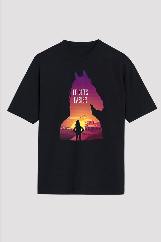 Bojack Horseman Baskılı Unisex Siyah Oversize Tişört - Tshirt