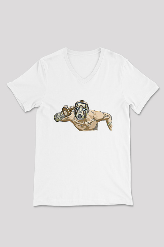 Borderlands Baskılı Beyaz Unisex V Yaka Tişört - Tshirt
