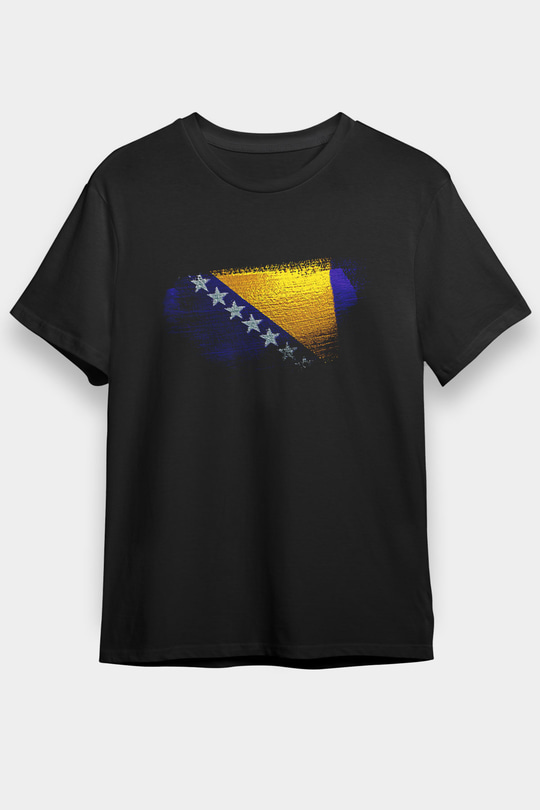 Bosna Hersek - Bosnia Herzegovina Bayrağı Baskılı Unisex Siyah Tişört
