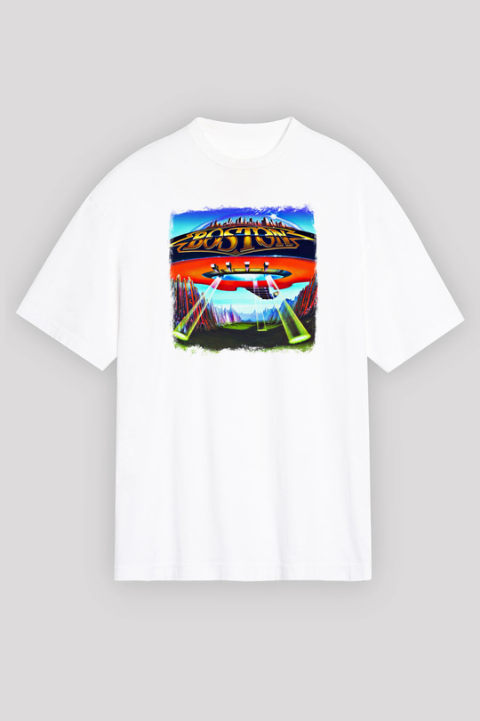 Boston Baskılı Unisex Beyaz Oversize Tişört