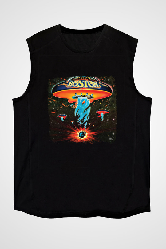 Boston Baskılı Unisex Siyah Kolsuz Tişört