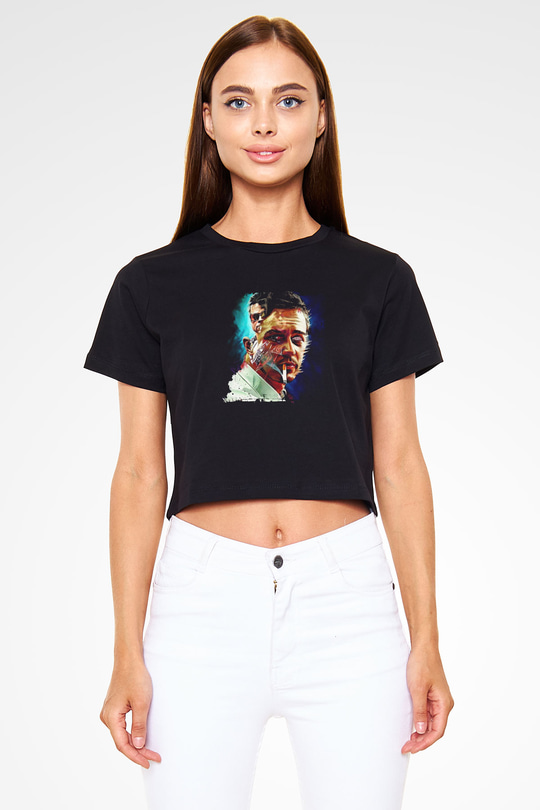 Brad Pitt Baskılı Siyah Kadın Crop Top Tişört