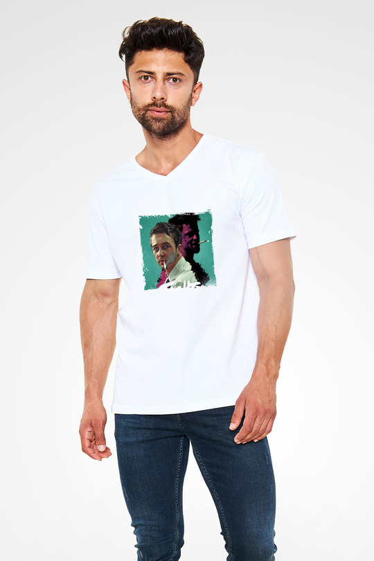 Brad Pitt Baskılı V Yaka Unisex Beyaz Tişört