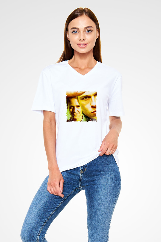 Brad Pitt Baskılı V Yaka Unisex Beyaz Tişört