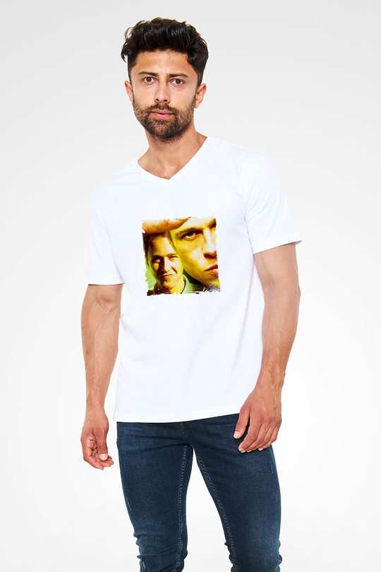 Brad Pitt Baskılı V Yaka Unisex Beyaz Tişört