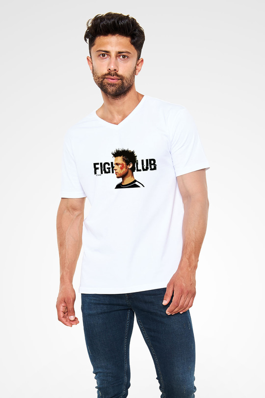 Brad Pitt Beyaz Unisex V Yaka Tişört T-Shirt