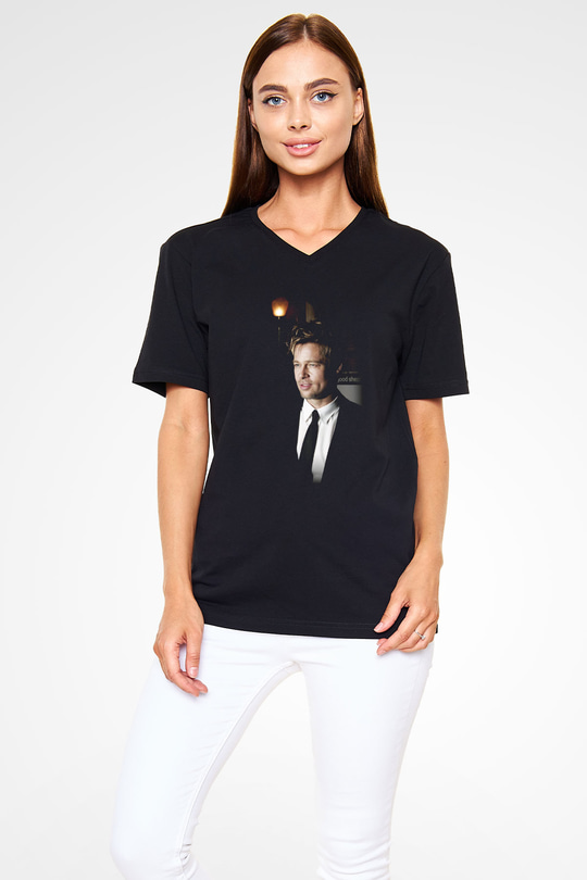Brad Pitt Siyah Unisex V Yaka Tişört T-Shirt