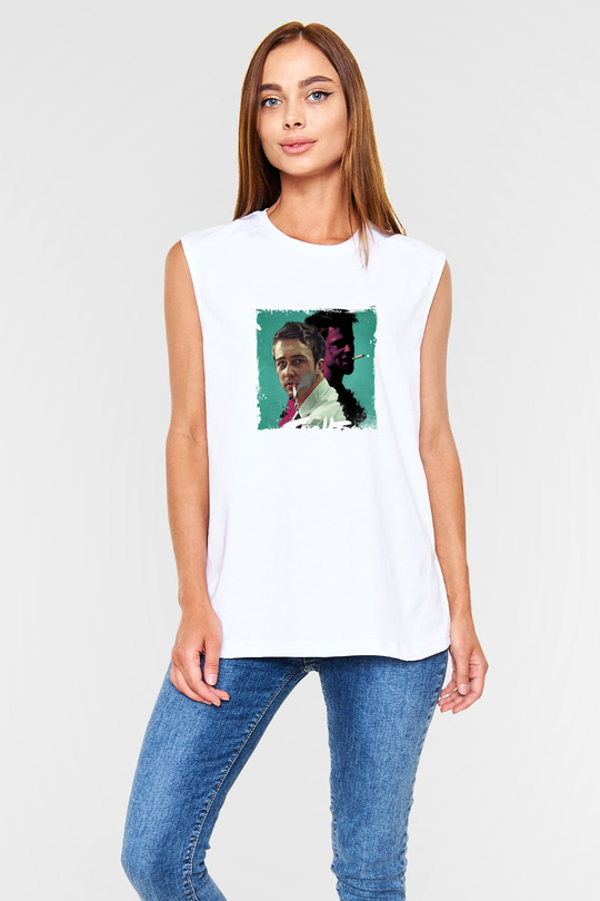 Brad Pitt Unisex Baskılı Beyaz Kolsuz Tişört
