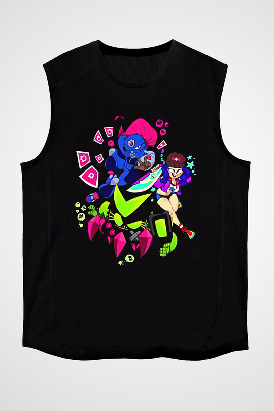 Brawl Stars Baskılı Unisex Siyah Kolsuz Tişört - Tshirt